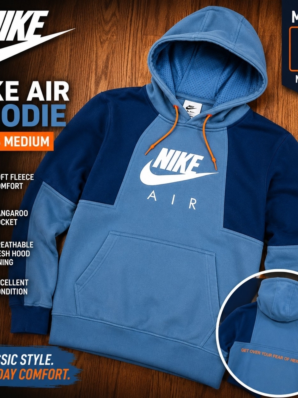 Nike Air Hoodie Men's Medium Blue Colorblock Pullover Fleece Sweatshirt Orange